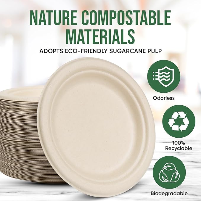 TaidMiao 7 Inch Paper Plates 100 Pack - 100% Compostable Disposable Plates, Heavy Duty Dessert Plates, Biodegradable Sugarcane Plates for Party (Microwavable, Oil/Water Proof, Eco-Friendly, Brown)