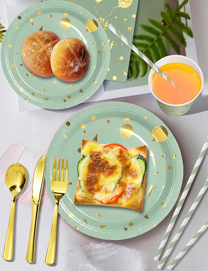 Nkaiso Birthday Party Tableware Set, 161 Pieces Sage Green and Gold Disposable Plates Napkins Cups & Cutlery, Serves 20 for Adult Birthday, Baby Shower, Wedding