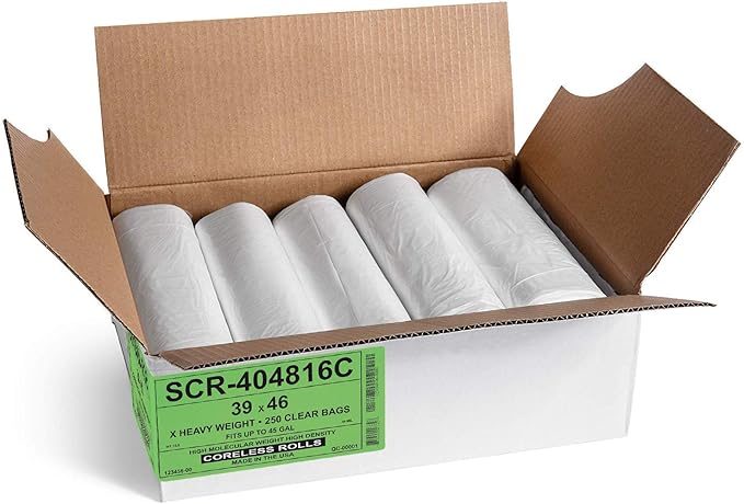 Aluf Plastics 45 Gallon Clear Trash Bags - 39" x 46" - 16 Micron Equivalent High Density Value Garbage Bags Can Liners for Bathroom, Office, Industrial, Commercial, Recycling (Pack of 1000)