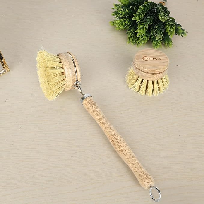 Bamboo Dish Brush with Handle - Soft Bristle, Non Toxic Dish Scrubber Compostable & Sustainable Bamboo Scrub Brush for Dishes, Pots and Pans