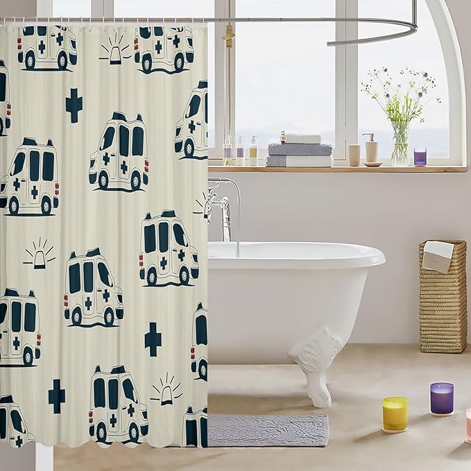 Feelyou Cartoon Ambulance Bath Curtain Car Shower Curtain Decor Car Bathroom Shower Curtain Set Polyester Emergency Responder Vehicles Beige Bathroom Accessories 72"x78"