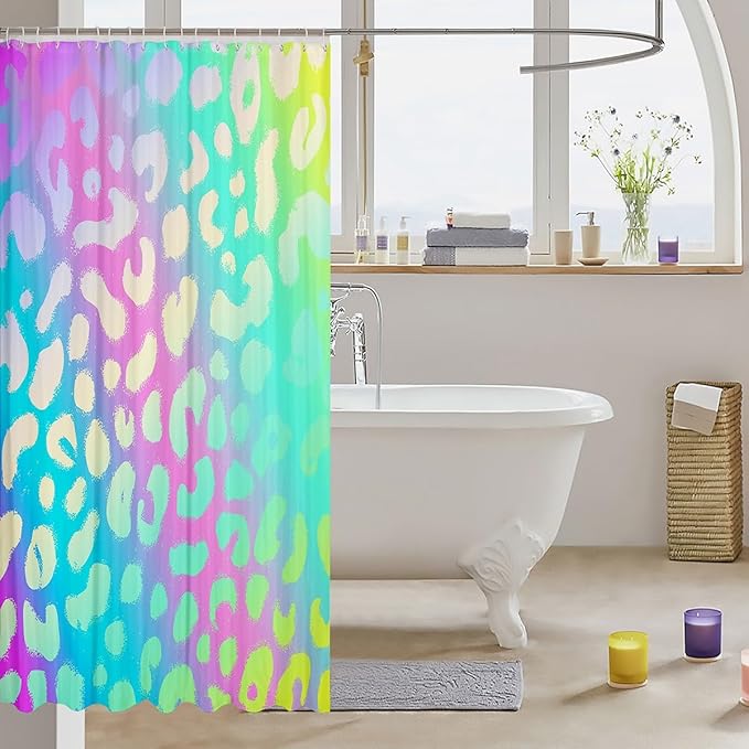 Erosebridal Cheetah Print Shower Curtain 72" Wx78 L,Glitter Kawaii Bath Curtain Pastel Pink Teal Gradient Tie Dye Shower Curtain Set Rainbow Animal Hide Kids Girls Glowing Leopard Spot Bathroom Decor