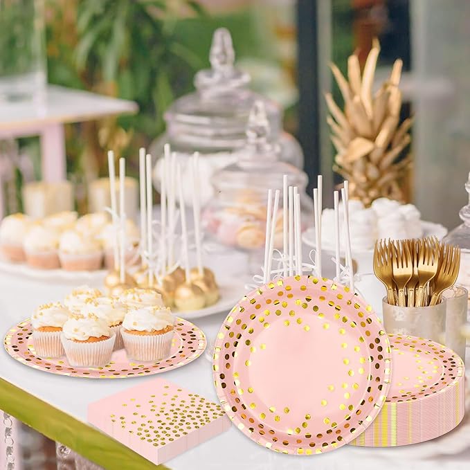 Pink and Gold Paper Plates and Napkins Party Supplies,Serves 25 Guests Pink Gold 9 Inch Plates and Napkins,Disposable Paper Tableware Set for Birthday Wedding Bridal Shower Baby Shower Decorations
