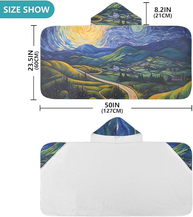 Hooded Towel for Kids Starry Night of Village Fields Beach Wrap Bath Towels 50x23.5in
