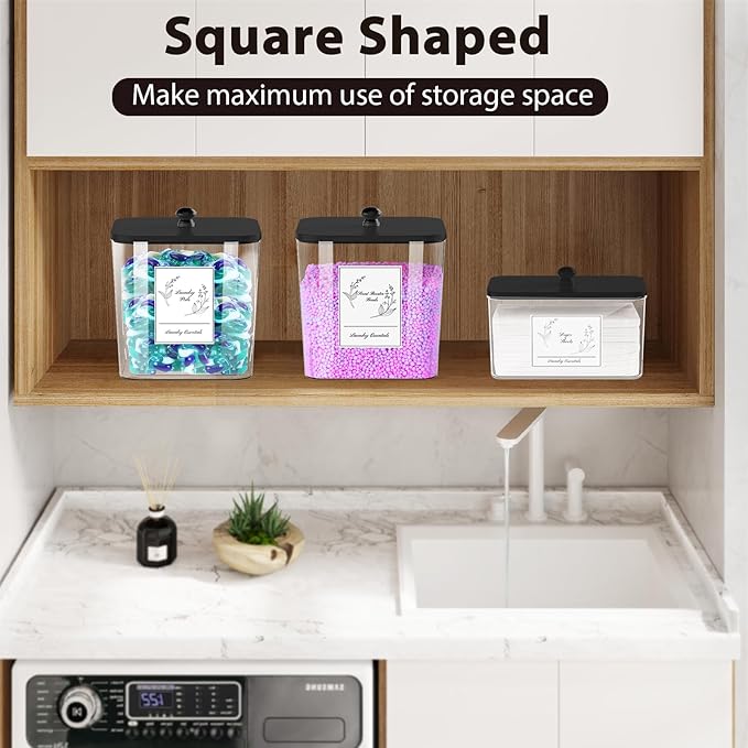 COAZEX 3 Pack Plastic Laundry Pods Container & Dryer Sheet Holder, Laundry Room Organization and Storage Jars with Lids, Scoops & Labels for Detergent, Powder, Scent Booster(Black Lid)