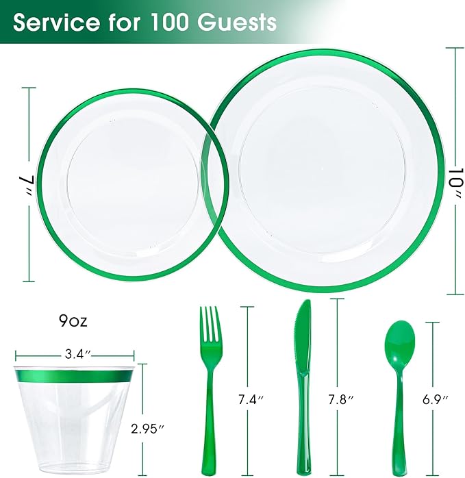 N9R 600PCS Green Plastic Dinnerware Set, Disposable Plastic Plates Includes 100 Dinner Plates, Dessert Plate, Cups, Spoons, Forks, Knives for 100 Guests, Perfect for Party, Wedding, Birthday