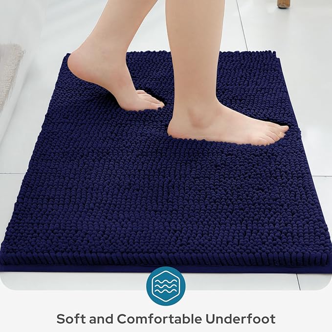 BYSURE Navy Blue Bathroom Rugs Sets 3 Piece Non Slip Extra Absorbent Plush Chenille Soft Washable Bath Mats