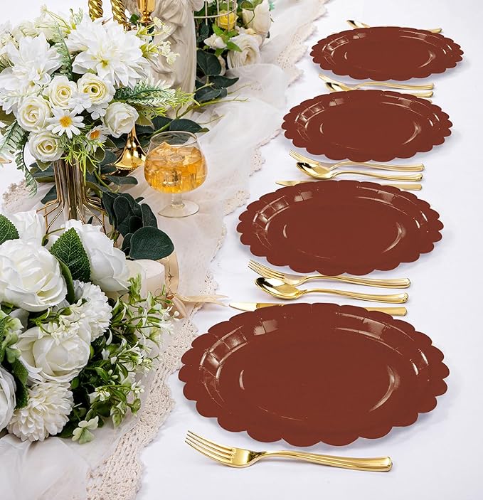 HEIPINIUYE 25 Pieces Brown Paper Plates 7 Inch Brown Scalloped Plates Disposable Dinner Plates for Wedding Baby Shower Birthday Fall Party Dessert Plates