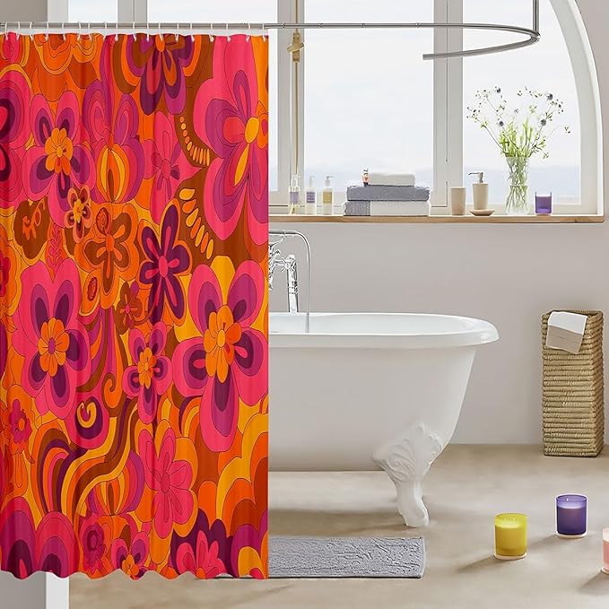 Kids Retro Hippie Flowers Shower Curtain Vintage Boho Floral Print Bathroom Shower Curtain Set for Boys Teens Botanical Blossom Bath Curtain 60S 70S Groovy Blossom Kids Bathroom Accessories 72"x78"