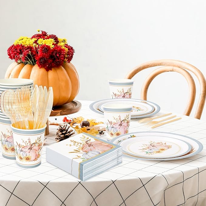 JarThenaAMCS Fall Party Supplies Kit Serves 25 Pink Blue Pumpkin Paper Plates Napkins Cups Plastic Knives Forks Spoons for Autumn Thanksgiving Wedding Birthday Baby Shower, 175Pcs