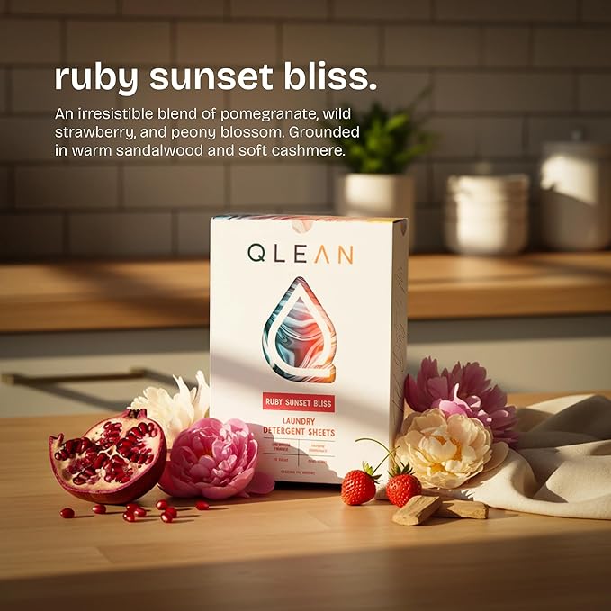 QLEAN Laundry Detergent Sheets Ruby Sunset Bliss (10 Loads) – Travel Pack Plant-Based Biodegradable Laundry Strips, TSA-Friendly, Hypoallergenic, HE Compatible Eco Detergent Sheets