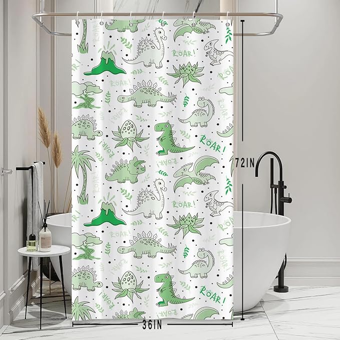 Baocicoo Cute Cartoon Dinosaur Shower Curtain Sets Green Animals Plants Bath Curtain for Boys Girls Bathroom Decorations Polyester Fabric Waterproof Curtains for Bathroom with Hooks 36x72 Inches