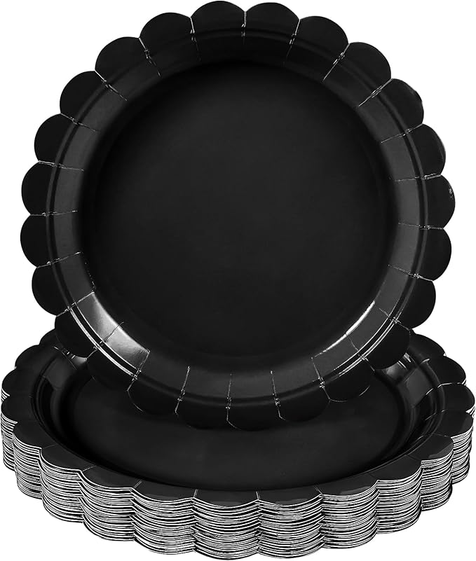 NatNarr 30 Pcs Black Paper Plates, 9 Inch Scalloped Disposable Black Graduation Plates Cute Dessert Dinner Plate for 2026 Grad Party, Wedding, Birthday, Picnic