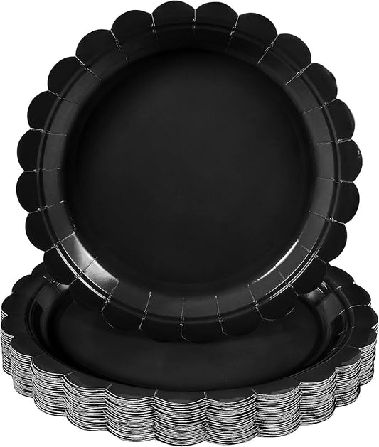 NatNarr 30 Pcs Black Paper Plates, 9 Inch Scalloped Disposable Black Graduation Plates Cute Dessert Dinner Plate for 2026 Grad Party, Wedding, Birthday, Picnic