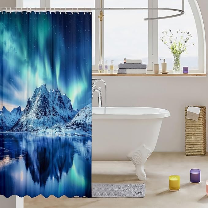 Aurora Bath Curtain Galaxy Starry Sky Aurora Bathroom Shower Curtain Set Mountain Landscape Shower Curtain for Stalls Bathtubs Natural Scenery Art Waterproof Bathroom Curtains Room Decor 72x72 Inch