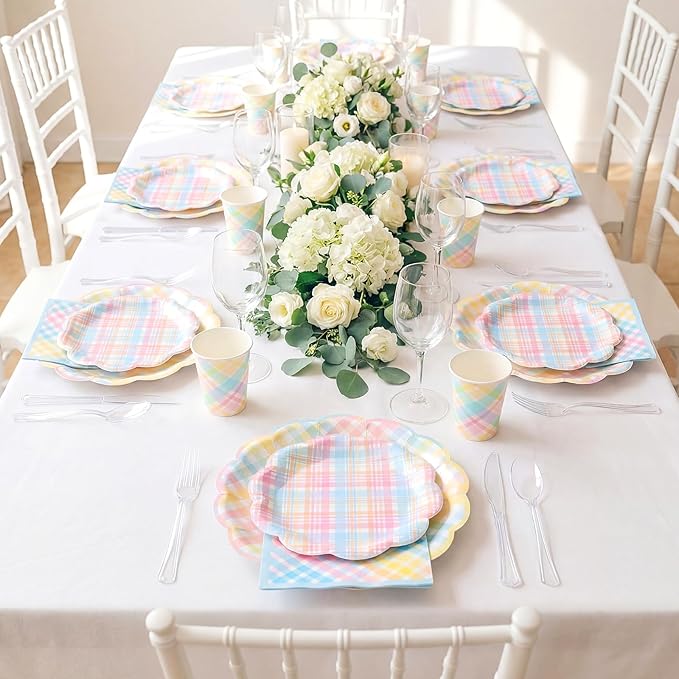 FillTouch 50 Sets Pastel Gingham Disposable Tableware Pastel Paper Plates Cups Napkins Clear Knives Forks Spoons for Birthday Baby Shower Wedding Party Decoration