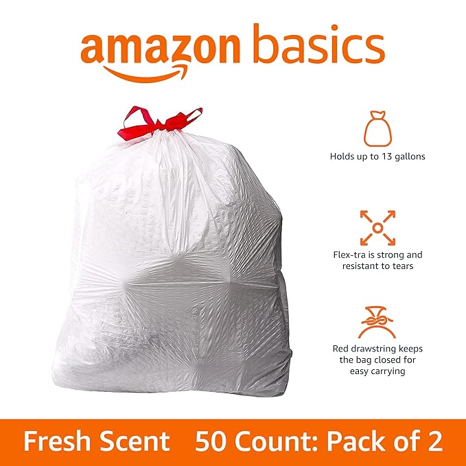 Amazon Basics Flextra Strength Tall Kitchen Drawstring Trash Bags,Fresh Scent,Tear Resistant,13 Gallon,50 Count (Pack of 2)