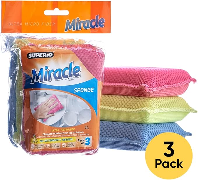 Superio Miracle Microfiber Sponges for Kitchen 3-Pack Red Yellow Blue, Kosher Non-Scratch Sponge Scrubber Heavy Duty Multi-Purpose Cleaning of Dishes, Pots, Pans and Counter tops, Machine Washable