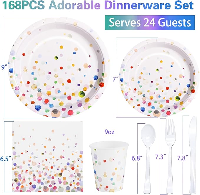 Colorful Birthday Plates and Napkins 168PCS Happy Birthday Party Plates Set for Holiday Party Supplies Bubble Decorations,Confetti Colorful Paper Plates Disposable Tableware Serve 24
