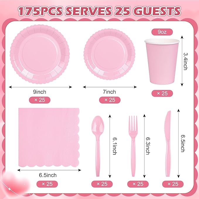 175 PCS Pink Paper Plates and Napkins Set, Pink Party Supplies for 25 Guests Include Scalloped Plate Paper Napkins Cups Knife Fork Spoon for Baby Shower, Birthday, Wedding, Easter Party, Mother's Day