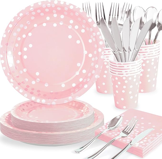 Pink Birthday Plates Baby Shower Party Supplies,168PCS Pink Plates Set with Silver Cutlery for Baby Girl Birthday Party Decorations Serve 24