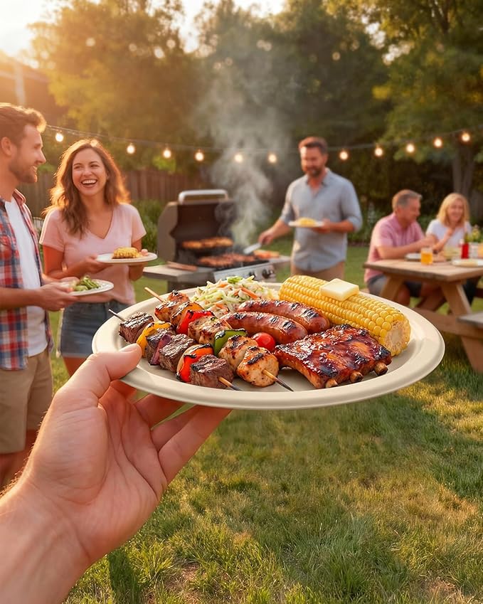 Goodluck 9 Inch Natural Compostable Plates 150 Pack, 100% FSC Certified Unbleached Bagasse Paper Plates, Heavy Duty Eco Friendly Disposable Plates for Party, Wedding, BBQ, Catering & Everyday Use