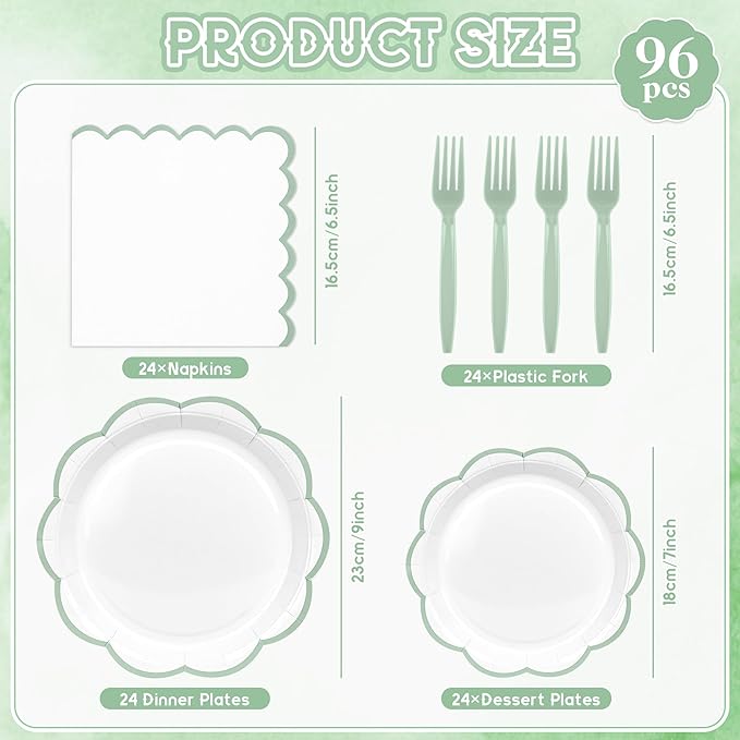 96 Pcs Sage Green and White Paper Plates and Napkins Set, Tableware set for 24 Guest include White Cake Plates with Sage Green Scalloped Edge, Napkins and Forks for Baby Shower, Bridal Shower, Wedding