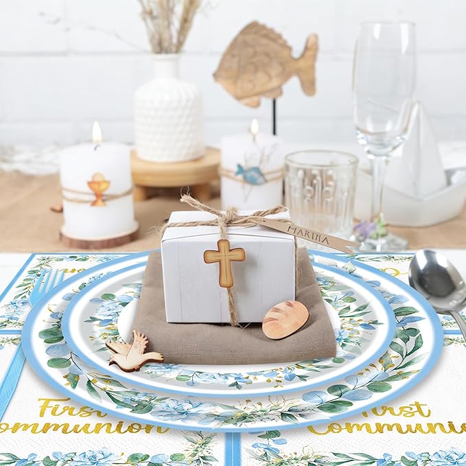 96 Pieces First Communion Floral Tableware Set – Blue Floral Cross Disposable Plates, Napkins for First Communion Party, Christening, Baptism, and Religious Celebrations – Serves 24 Guests