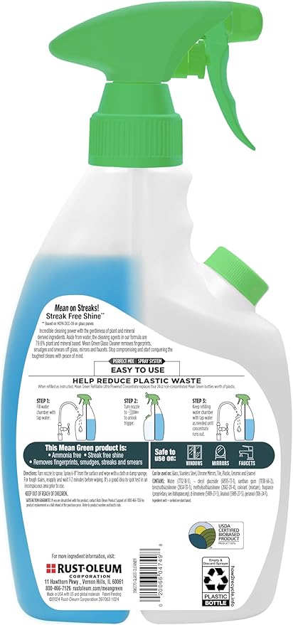 Mean Green Refillable Ultra Powered Glass Cleaner Concentrate, Fresh Scent, 14.3 fl oz – Plant & Mineral Based, Streak-Free Shine, Refillable Bottle Makes 4X Refills