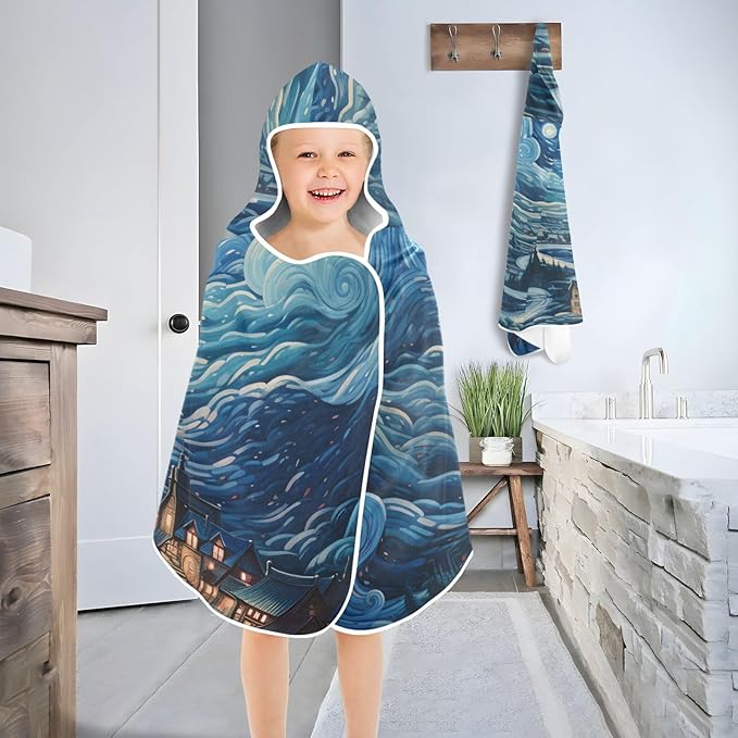 Hooded Towel for Kids Village Starry Night and Clouds Beach Wrap Bath Towels 50x23.5in