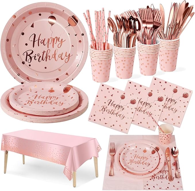 Nkaiso Birthday Party Tableware, 161 Pieces Pink and Rosegold Party Supplies, Party Dinnerware Sets Include Paper Plates Napkins Cups Silverware, for Shower Engagement Parties Decoration -20 Serves