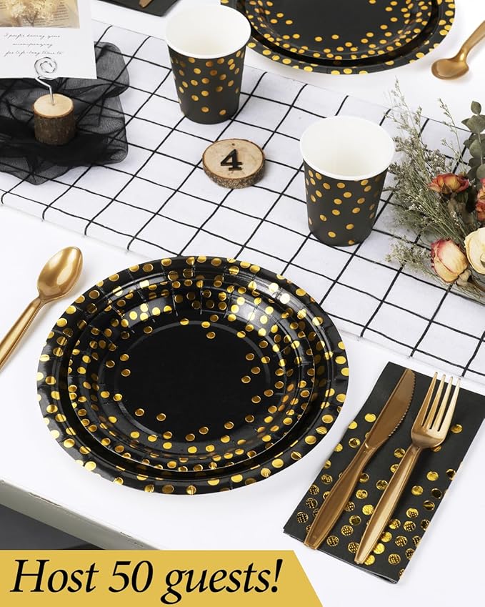 350 Pieces Party Supplies, Black and Gold Party Plates Cups and Napkins Sets with Plastic Knives forks spoons, Disposable Tableware Serves 50 Sets for Wedding, Birthday, Graduation, Festivals