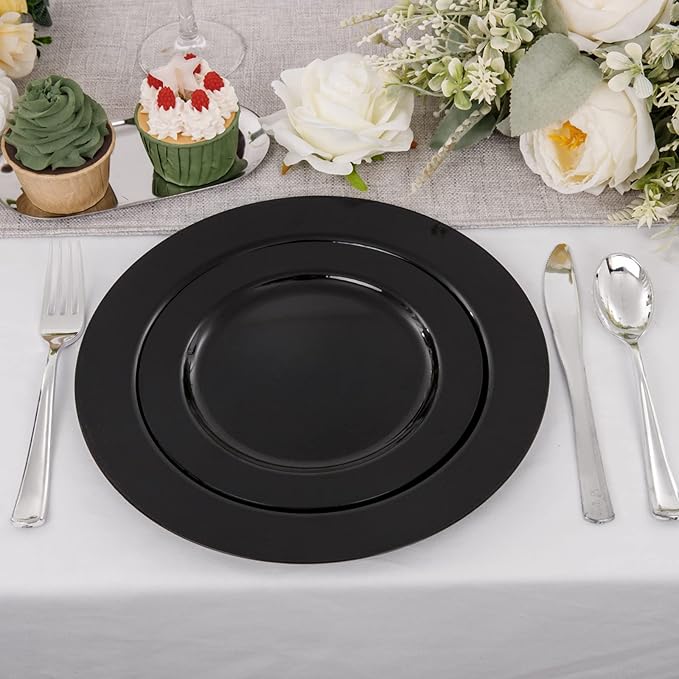 FLOWERCAT 60PCS Black Plastic Plates - Heavy Duty Black Disposable Plates for 30 guests Graduation Party/Wedding/Memorial Day - Include 30PCS 10.25inch Dinner Plates and 30PCS 7.5inch Dessert Plates