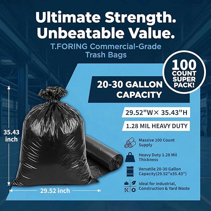 20-30 Gallon Trash Bags Black - 1.28 Mil Thick,30" x 35" Large Garbage Bags 100 Count，20+ Gallon Heavy Duty Trash Can Liners Unscented for Kitchen Home Office Commercial Outdoor