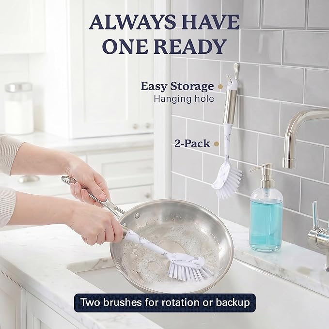 Farberware Dish Brush with Handle – 2 Pack Kitchen Scrub Brush for Dishes, Non-Scratch Dishwashing Brush Set with Firm Bristles for Pots, Pans, & Sink, Long Handles for Everyday Cleaning