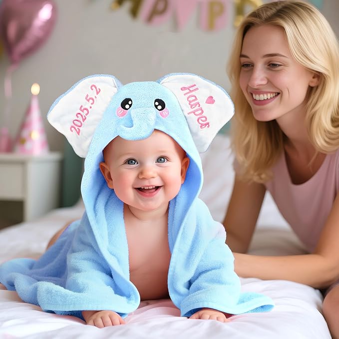 Baosity Custom Hooded Baby Towel with Name, Personalized Soft Absorbent Elephant Bath Towels, Shower Towels for Girls Boys, Easter Brithday Christmas for Baby, Toddler, Newborn Essential