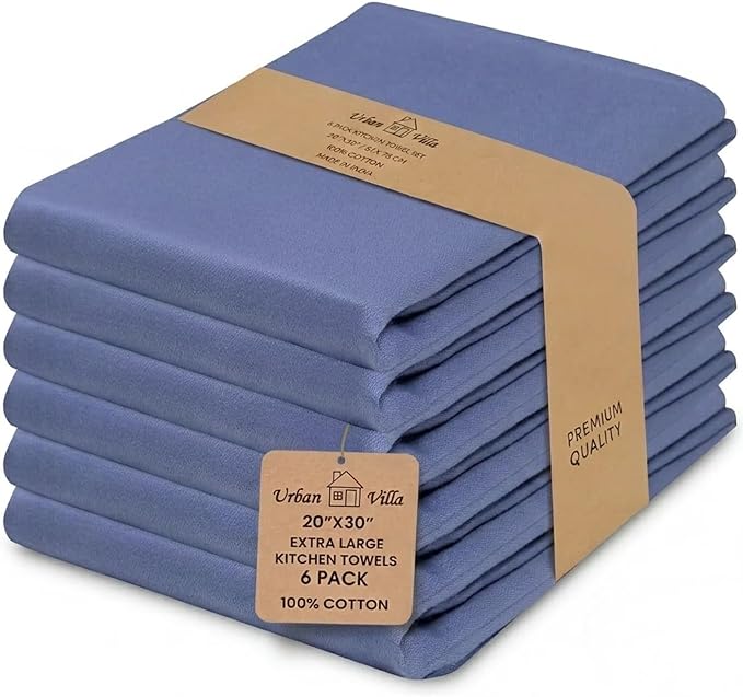 Urban Villa Kitchen Towels 100% Cotton Dish Towels for Kitchen(Set of 6) 20”x30” Dish Cloths Highly Absorbent Kitchen Linen Set with Hanging Loop Perfect for Drying Dishes Cleaning Hand Towels - Blue