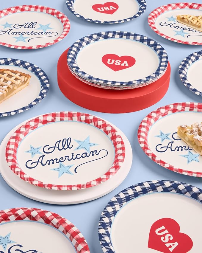 xo, Fetti All American USA Paper Plates | 24 pcs, 9" | 4th of July Tableware, Southern Bachelorette Decorations, Patriotic Dinner Party Setting, Birthday Tablescape