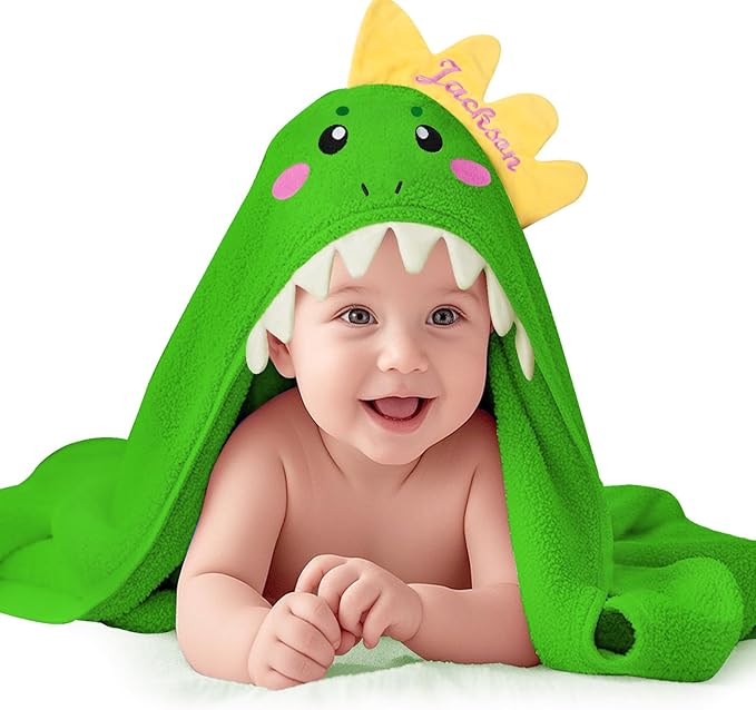 Baosity Custom Hooded Baby Towel with Name, Personalized Soft Absorbent Dinosaur Bath Towel, Shower Towels for Girls Boys, Easter Brithday for Kids Baby, Toddler, Newborn Essential