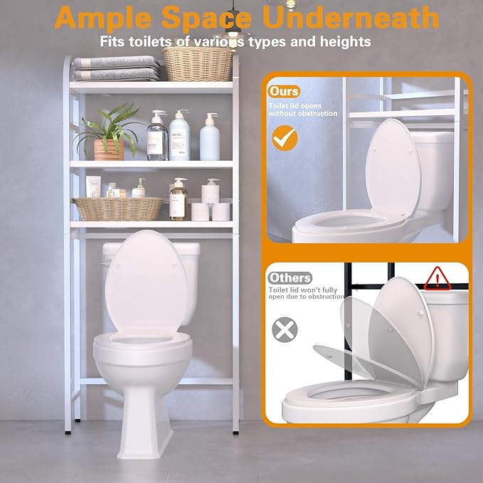 3-Tier Over The Toilet Storage Rack, Freestanding Bathroom Organizer Metal Frame Toilet for Small Spaces, Bathroom, Balcony, Laundry (White)