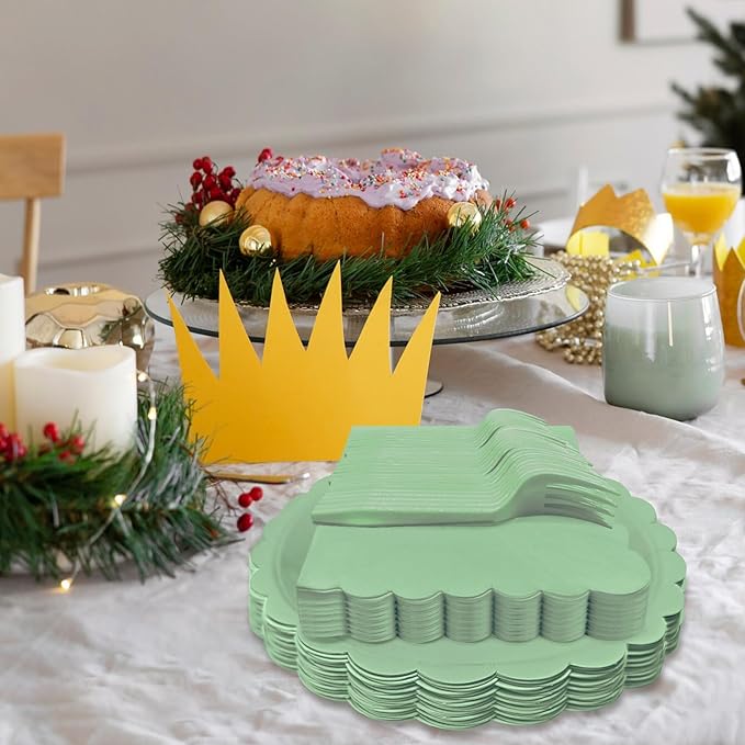 Sage Green Paper Plates and Napkins,7 Inch Sage Green Scalloped Disposable Dessert Plates Paper Napkin Fork Party Supplies for Wedding Baby Shower Birthday(25 Guest)