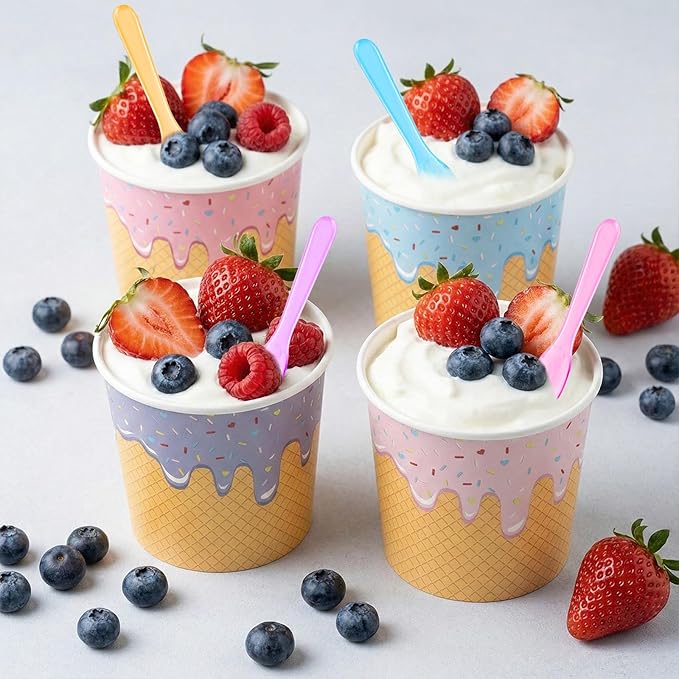 Jingmore 240 Set Paper Ice Cream Cups Bulk with Spoons 4 oz Disposable Sundae Bowls Colorful Paper Dessert Cups Containers for Snack Yogurt Soup Summer Bar Party Supplies