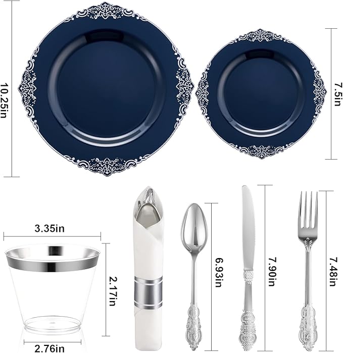 Bestluck 350PCS Navy Blue Plates for 50 Guests, Disposable Dinnerware Sets Include 100 Plastic Plates, 50 Silverwares, 50 Cups, and 50 Pre Rolled Napkins for Party, Wedding and Graduation