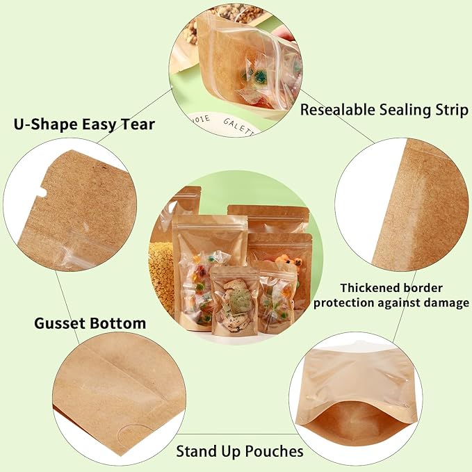 200 Pack Kraft Paper Bags with Clear Window 6x9 Reclosable Small Stand Up Mylar Bags for Food Storage Resealable Smell Proof Pouch, Edible Packaging, Reusable bags for Small Business