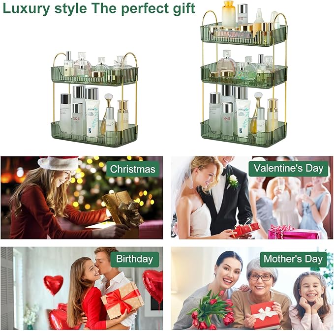 Bathroom Counter Organizer Skincare Organizer Perfume Holder for Dresser Countertop Shelf Bathroom Countertop Tray for Cosmetic Skin Care Lipstick (Gold 3-Storey)