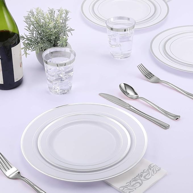 FOCUSLINE 175 Count Silver Dinnerware Set for 25 Guests - Silver Rimmed Disposable Plastic Plates Heavy Duty, Includes 25 Dinner & Salad Plates, Cups, Cutlery Set for Wedding Parties
