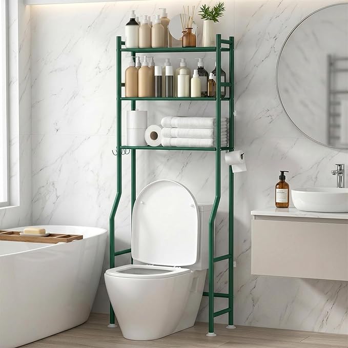 GloTika 3-Tier Over Toilet Storage with Anti-Tilt Safety System - 150lb Total Capacity Metal Bathroom Shelves Including Paper Holder & 4 Hooks, Space Saving Above Commode Organizer (64" H, Green)