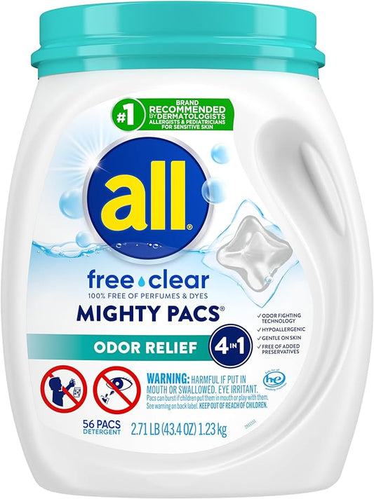 All Mighty Pacs Laundry Detergent Free Clear Odor Relief, Tub, 56 Count