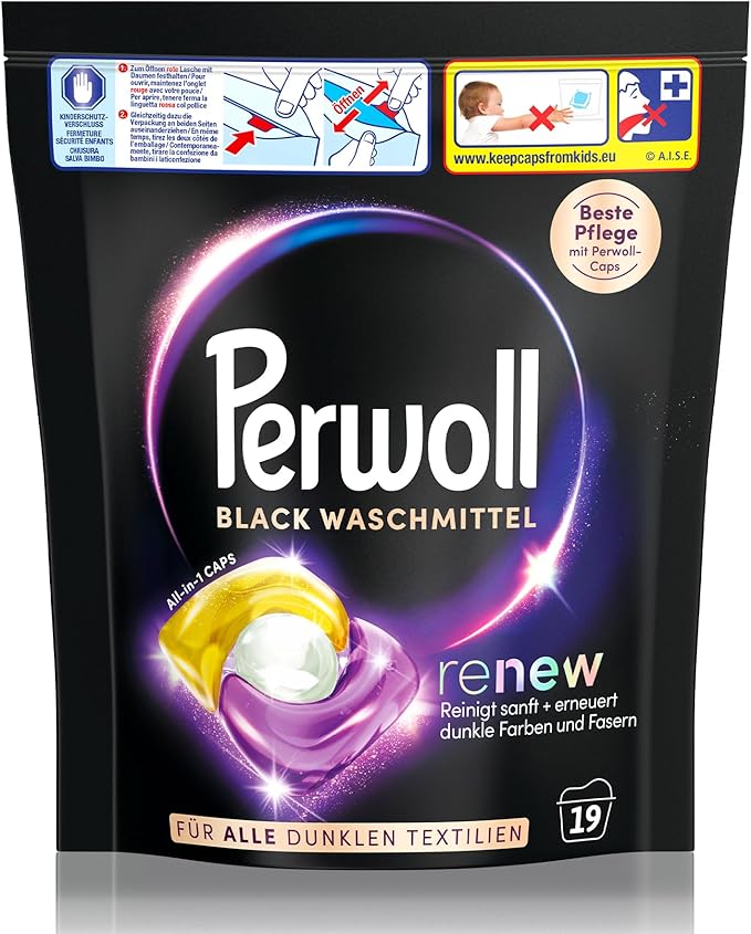 Perwoll Caps Black Detergent (19 Washes) | All-in-1 Detergent | Caps Gently Clean and Renew Colors & Fibers | For All Dark Textiles | With Triple-Renew Technology