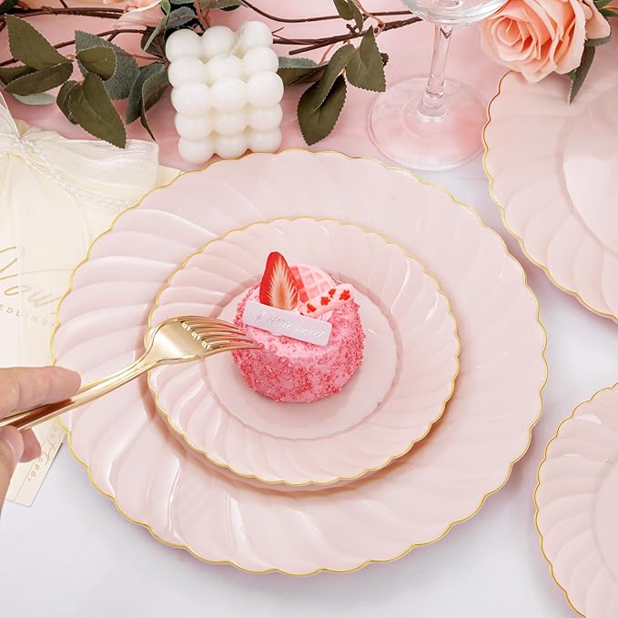 YOUBET 125Pcs Pink Plastic Plates with Gold Rim - Scalloped Plastic Plates Set Includes 25 Dinner, 25 Dessert Plate, 75 Gold Silverware for 25 Guests for Wedding Birthday Baby Shower